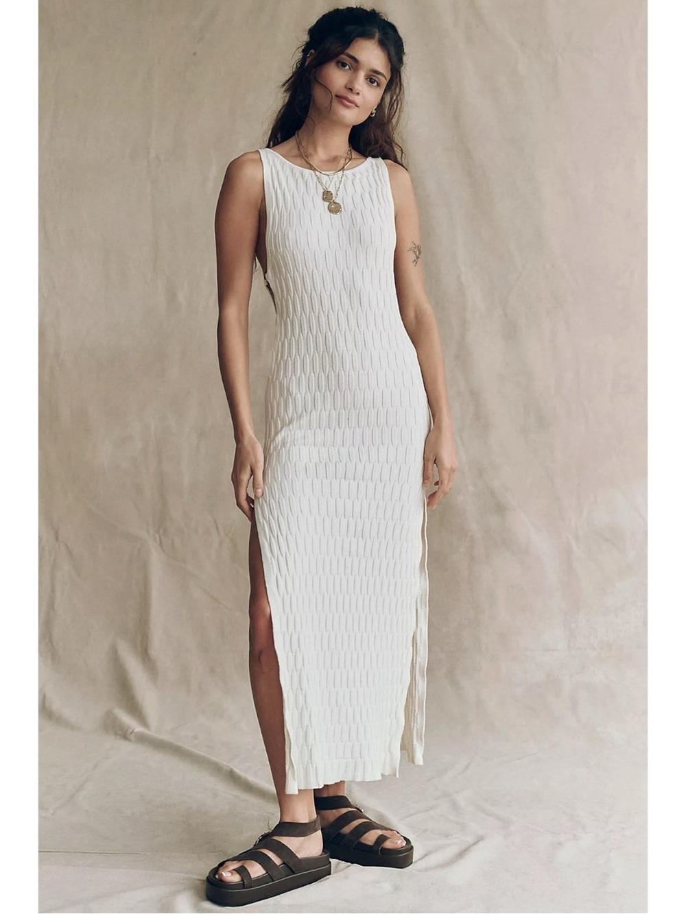 Free People Beachy Cut Out Bodycon Lilliana Midi Dress Coconut Milk Small NWT - Picture 2 of 11